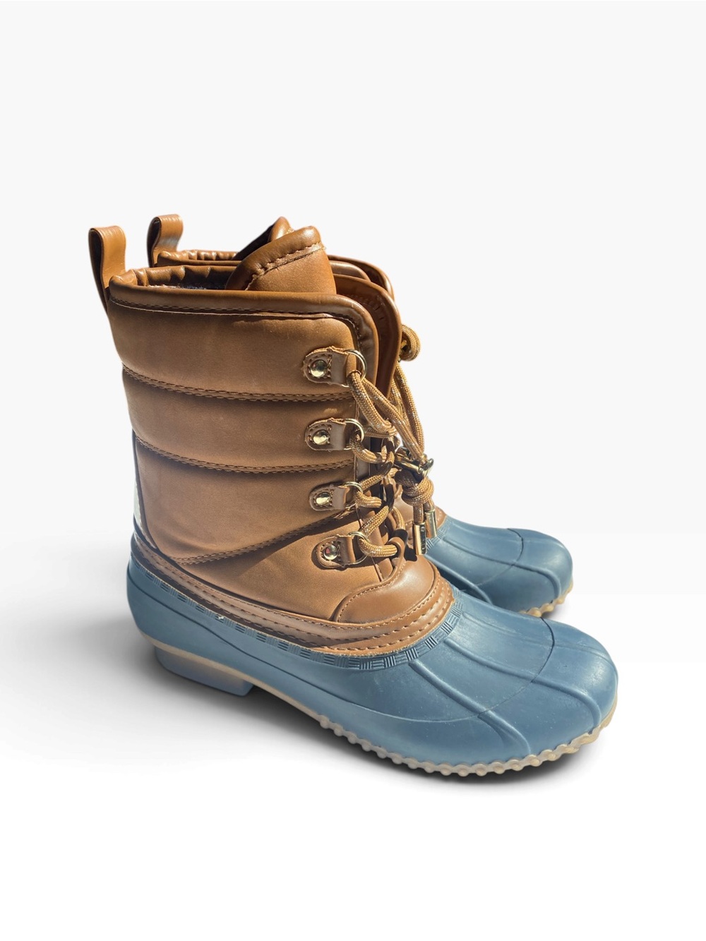 Tommy Hilfiger Women’s 8M Duck Boots Brown Navy Blue Lace Up Winter Rain Boots